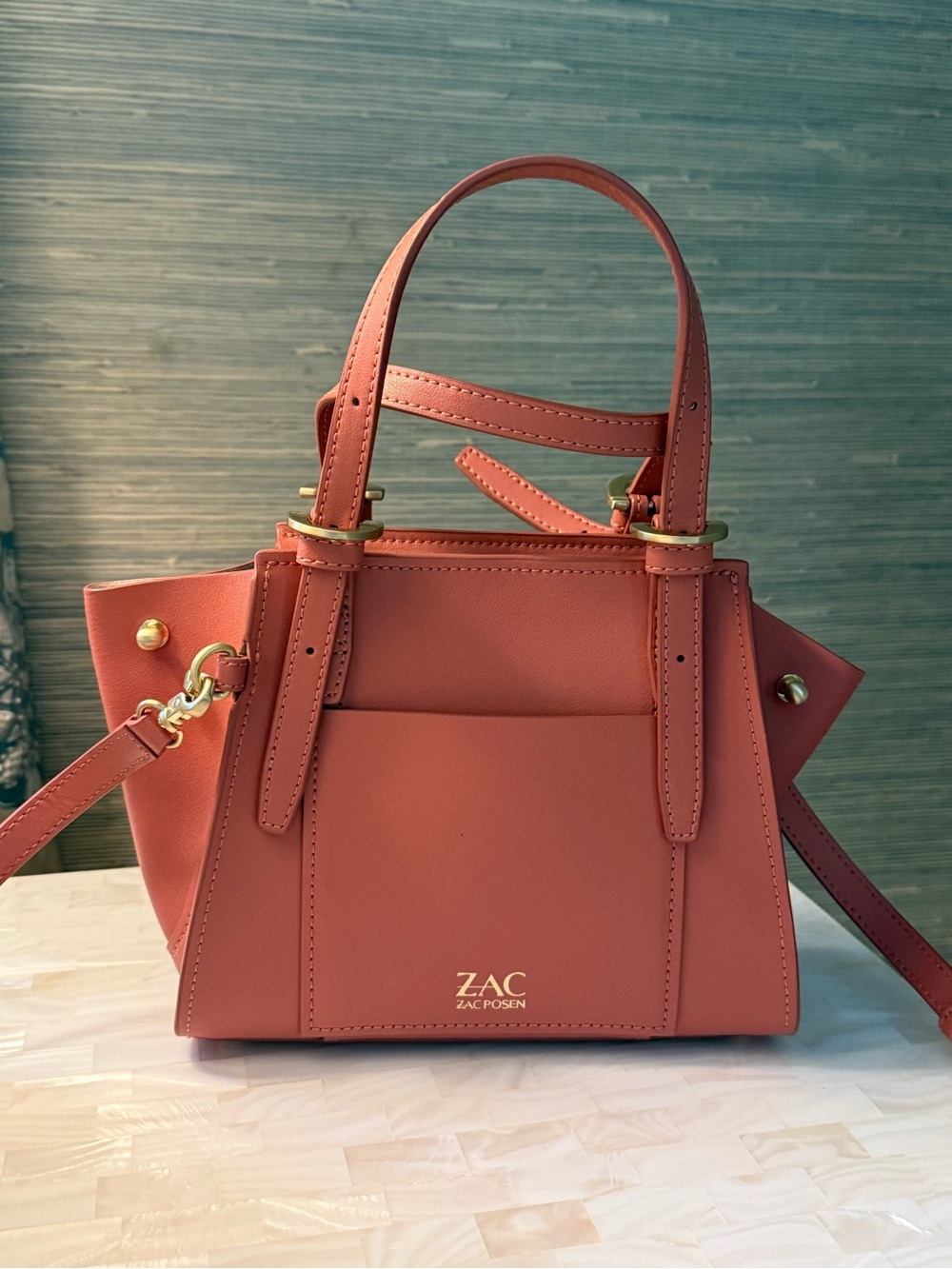 ZAC Zac Posen Coral Leather Top-Handle Satchel with Gold Hardware
